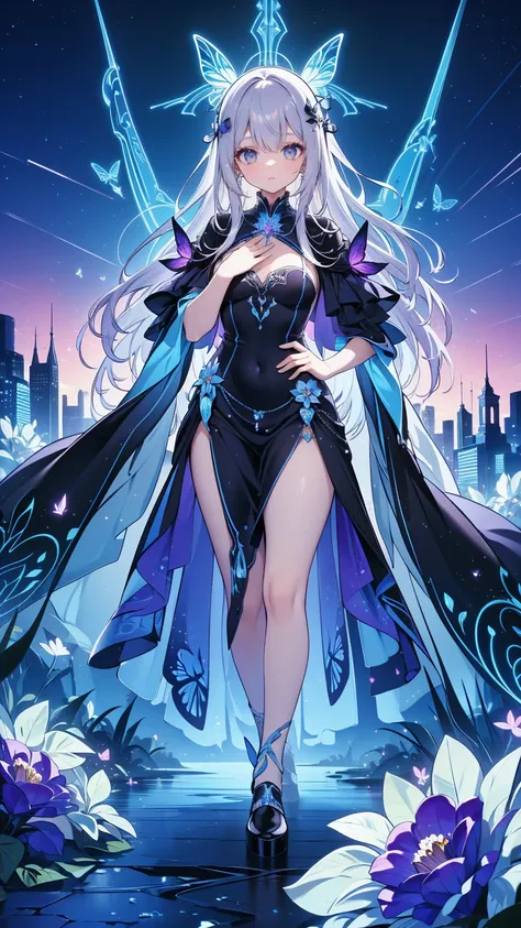 masterpiece, Best Quality, Super detailed, Vivid,  The silver-haired young woman is dark ,  ornate cloak adorned with glittering butterfly motifs .  She stands in a vibrant night scene filled with swirling galaxies , bright stars,  The background has a hig...