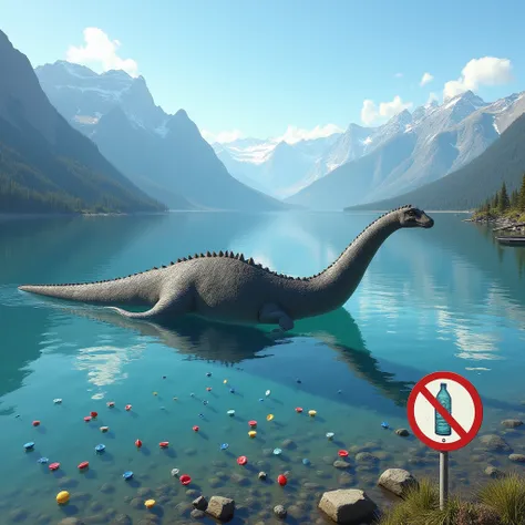  A huge plesiosaurus swims gracefully in a serene and clear lake, its long neck and fins gliding just below the surface.  Scattered around it are numerous plastic bottle caps floating ,  creating a stark contrast between nature and pollution . In the backg...