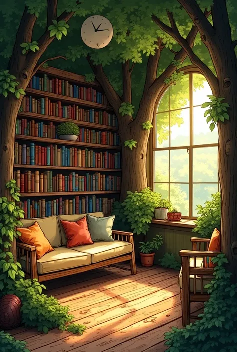 Interieur dune cabane dans les arbres cosy en style croquis avec beaucoup de livres