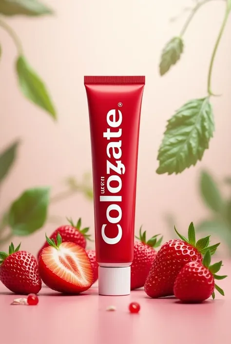 a Colgate brand logo focused on sustainability and a new flavor of strawberry mint in a paste directly from the packaging