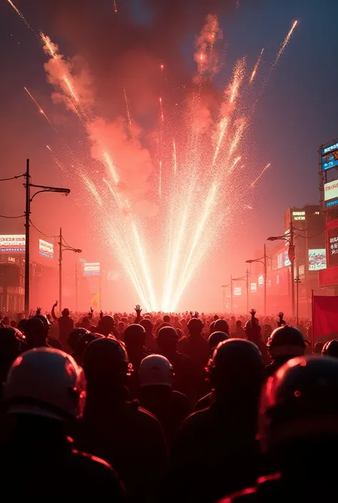  Image of a crowd at the Yanshui Festival ,  fireworks lights exploding near them ,  people wearing helmets and protection while facing sparks, atmosphere of courage and celebration 