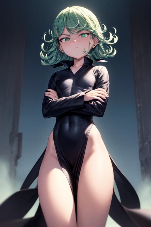 masterpiece, best quality, ultra-detailed, illustration, epic lighting, cinematic composition, 1girl, tatsumaki, flat chest, black dress, pelvic curtain, long sleeves, green eyes, glowing eyes, crossed arms, pouting, closed mouth, piercing gaze,standing, l...