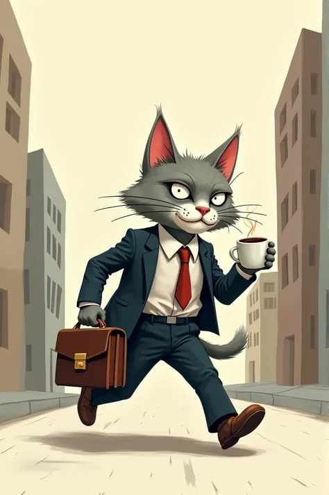 Old businessman cat with coffee going to work ,  that looks like a bad digital drawing done by an elementary school girl that doesnt look like it