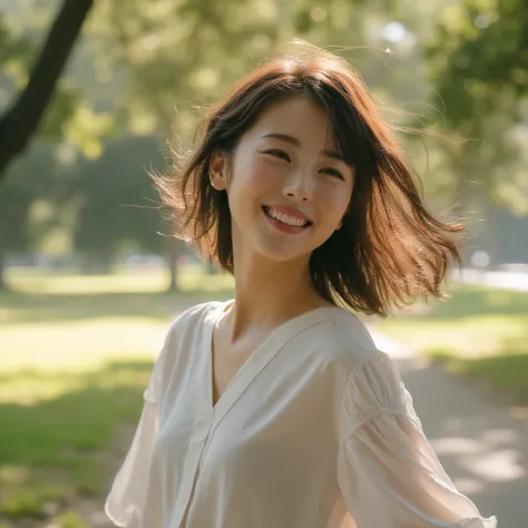 Scene Description: "A East Asian woman in a park, captured mid-turning with a joyful smile. Her face radiates happiness as she spins, her hair floating slightly due to the momentum. The scene is frozen mid-spin, with her upper body twisting naturally, show...