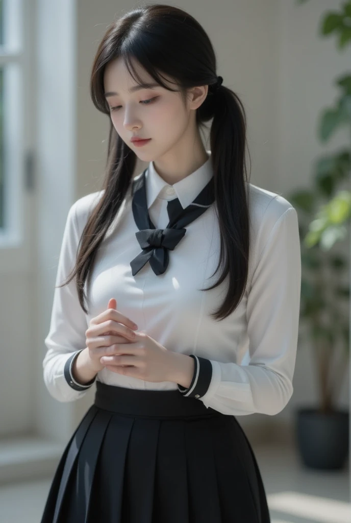 a young woman, presumably in her teens or early twenties, wearing a school uniform. she has long black hair tied in twintails and is looking upwards with her eyes closed. the uniform consists of a white blouse with a black collar and a pleated black skirt....