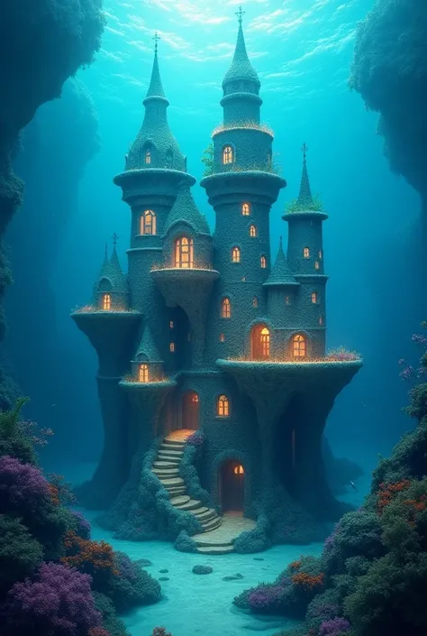 A dreamy, underwater palace constructed from coral and shimmering pearls, with towers that seem to defy gravity and windows that glow like bioluminescent creatures."