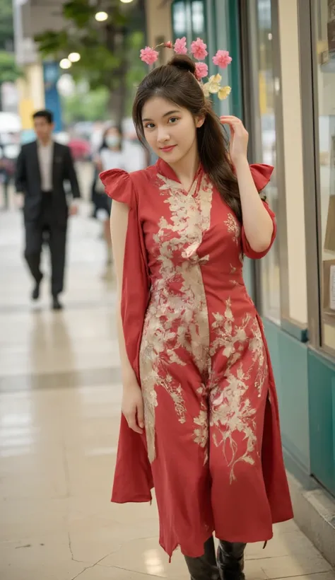 a strong women body builder, round breast, ancient Chinese ponytail adorned hairpin flower, wearing ancient dress intricated embroidered, wore a boot, walking on a mall, perfect eyes with a gentle gaze look at the viewer