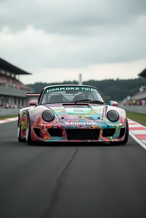 Porsche 956 RWB vehicle on the racetrack,  with paint and design with a panoramic shot