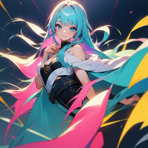 long hair, Smile,  Looking at Audience , blue eyes, Bangs, Chest,  1 girl ,  High Resolution , blue hair/Aqua hair,  Long Hair , pink hair, 