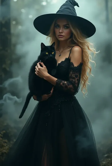 Beautiful blonde witch coming out of the smoke witchs pointed hat holding a black cat