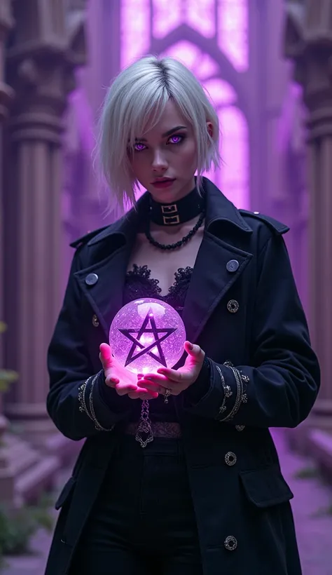 beautiful woman, German facial features, blonde hair, short hair, Gothic style, white eyes, purple eyes, white skin, image in purple tones, black clothes, black jacket, black trousers, with bright occult symbols, inverted pentagram, serious expression, hol...