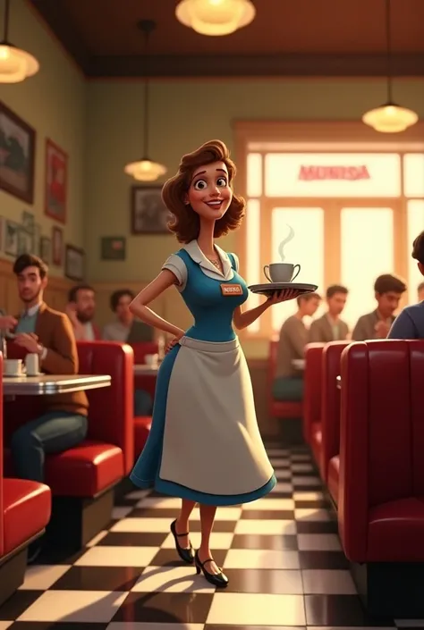 
Scene Description: The setting is a bustling, vintage American diner in a warm, late afternoon light, casting a soft, golden glow over the checkered black-and-white tile floor. The walls are adorned with retro posters, and classic red leather booths line ...