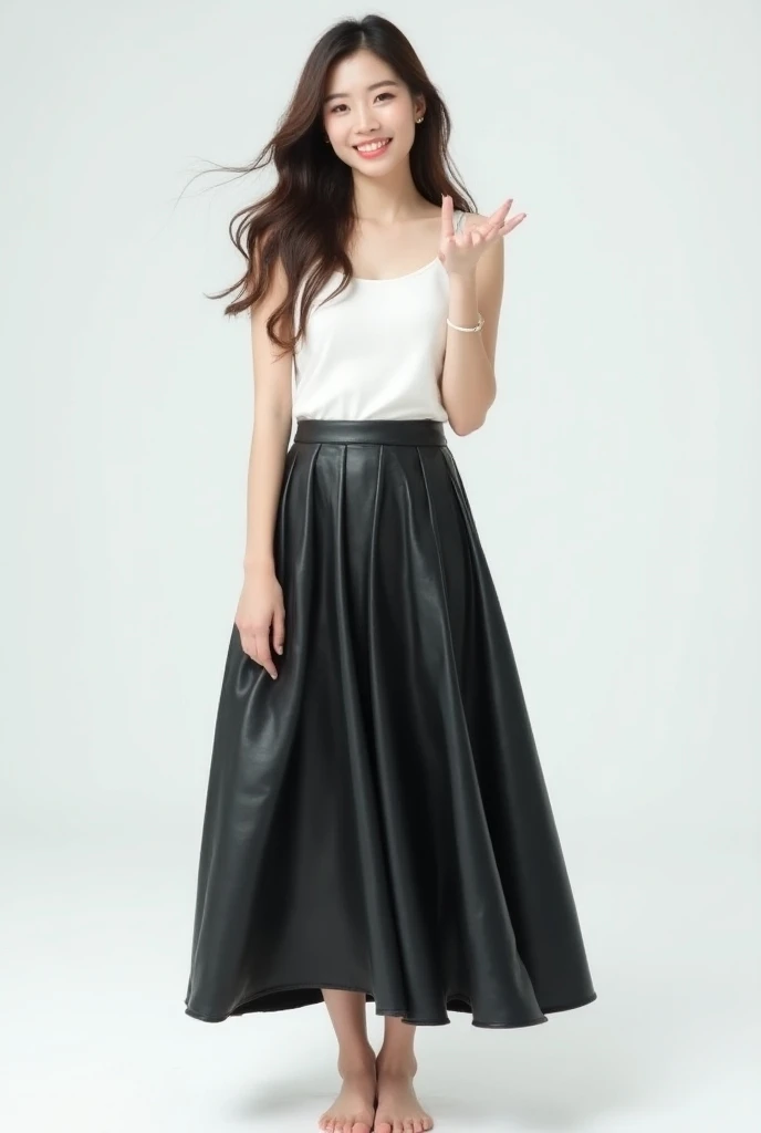 A beautiful lady, asian, Japanese, Long hair, smiling, Low height, straight standing in front of a white studio background, Look at the camera, Wearing a white tank top, Wearing a shiny black leather full circle flare long skirt ankle length, no shoes, wav...