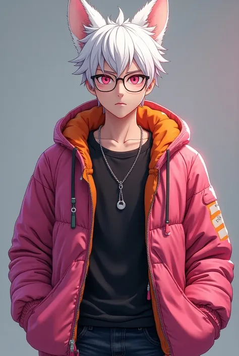 Manga-style and 3D full-body image, of a man,  half human and half feline , with white hair, magenta pink eyes , Skinny physical size ,  with a serious face representing intellect ,  wearing prescription glasses,  and wearing street dance clothes in the co...