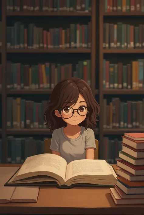 High school library scene with shelves of books and a warm, cozy atmosphere. A teenage girl looking exactly like emily in the previous picture with wavy brown hair, glasses, and a shy smile sits at a table with open books.

