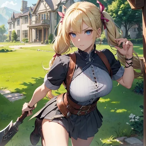 Masterpiece, HD, high resolution, high quality, best quality, super detailed. Solo character alone. Fantasy artwork, fantasy art.
{{(A 35-years-old norse-youngwoman:(appearance: blonde hair tied in two high-long-twintails with pink-ribbon. fair-pale skin. ...