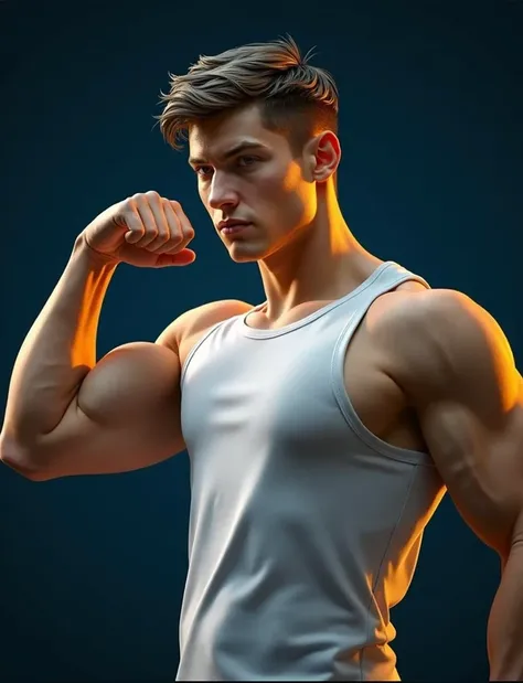 A young, muscular Caucasian man with short brown hair wearing a white tank top. He stands slightly angled, flexing his arms forward to showcase his muscles in white background