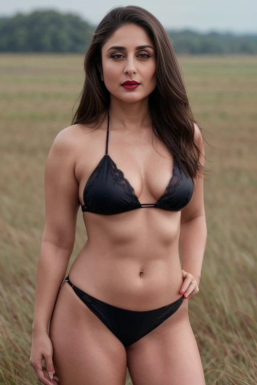 Hires photo of  full body  of Kareena Kapoor khan , realistic red lips, slim, cute face,  black eyes, wearing a sexy  see through bikini,  in grassland, cleavage, navel, uncensored,  (cinematic:1.3), intricate details, (ArtStation:1.2), high resolution ,4K