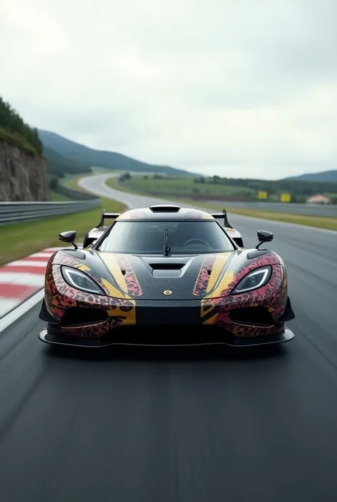 Koenigsegg Jesko Absolut vehicle on the racetrack,  with paint and design with a panoramic shot