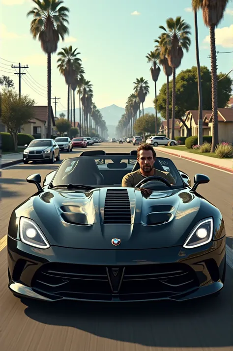 Michael from Grand Theft Auto 5 drives his car in the suburbs of Los Angeles