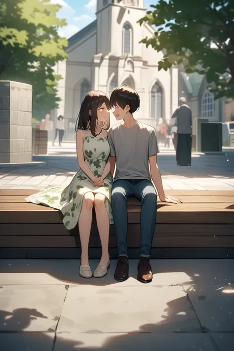 I want an image of a young couple in a town square, sitting on a bench under a tree with white flowers. The girl must have dark brown hair. The girl is wearing a green and white flowery dress, which is knee-length. The boy is wearing jeans and a gray T-shi...