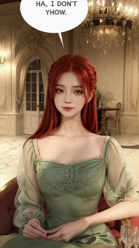  like the original picture, red-haired pretty girl ,Green evening dress with lace sleeves,Drink white wine,mansion