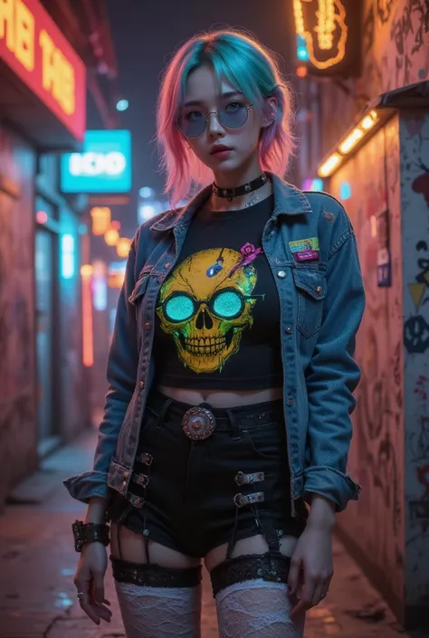 A hyper-realistic portrait of a captivating cyberpunk woman in a neon-drenched urban nightscape. Her face is a striking blend of delicate features and bold styling, with piercing blue eyes enhanced by dramatic, futuristic makeup. Her hair is a mesmerizing ...