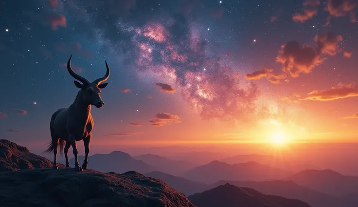 A determined Taurus individual is seen gazing at a horizon filled with vibrant celestial bodies. The sun rises in the background, casting golden rays that symbolize the rewards of their hard work and steady financial growth. --ar 16:9
