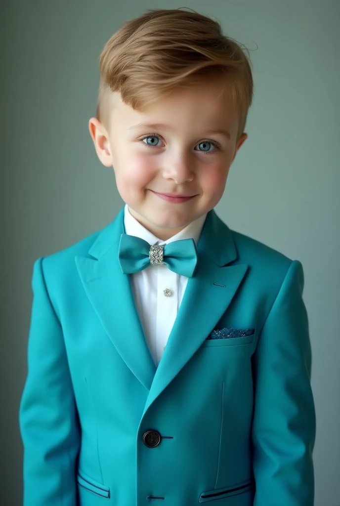 Photograph of a  Russian boy in a turquoise tuxedo