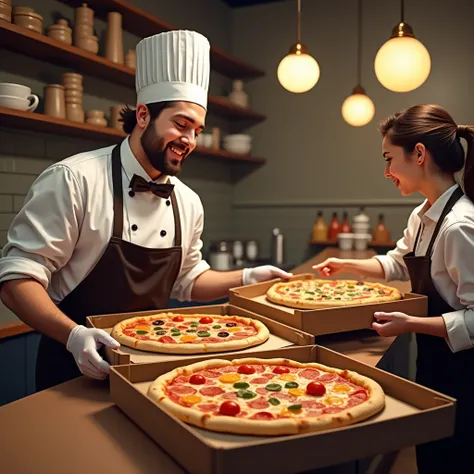 As an expert in creating narrative scenes, ,  describes a situation in which a pizza chef works in his pizzeria serving customers . ### . The pizza chef must be interacting in a friendly way with customers while preparing and placing pizzas in their boxes.