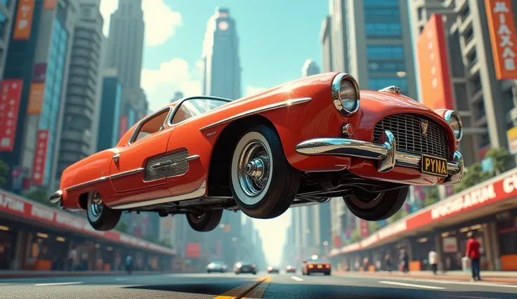 Maximum quality masterpiece, 4k resolution, (best quality,4k,8k,highres,masterpiece:1.2), ultra-detailed, (realistic,photorealistic,photo-realistic:1.37), HDR, a levitating atomic design cars hovering a city streets, a 1950 retro futurism marvel, vibrant p...