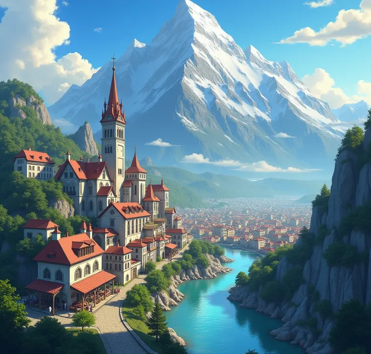 Create a beautiful overview anime image of a nedieval city near a mountain