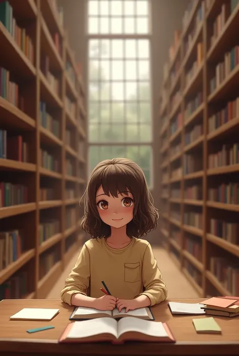 High school library scene with shelves of books and a warm, cozy atmosphere. A teenage girl wavy brown long hair packec up, big eyes,and a shy smile sits at a table with open books.

