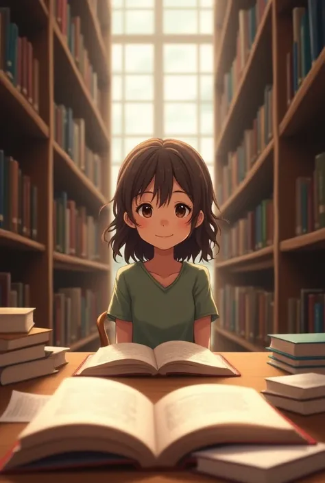 High school library scene with shelves of books and a warm, cozy atmosphere. A teenage girl wavy brown long hair packec up, big eyes,and a shy smile sits at a table with open books.

