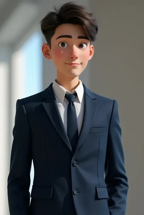  GENERATE A V-NECK JACKET FOR PIXAR STUDENT WITH DARK BLUE BUTTONS, DARK BLUE TIE AND WHITE SHIRT WITHOUT A JACKET 
