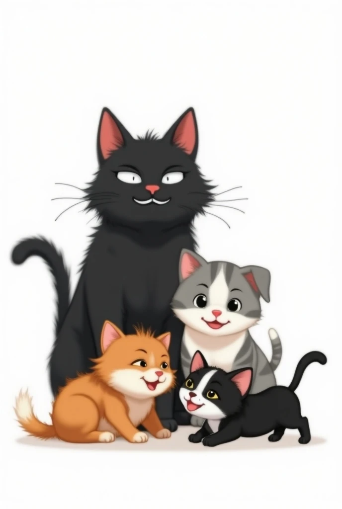 A serious big black cat , a medium female gray cat , a white cat with gray stripes small puppy and a black and white cat puppy in a cartoon playing with the white background 