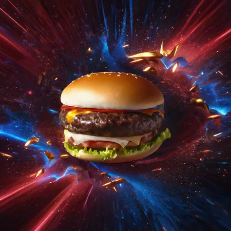 a juicy hamburguer, masterpeace, best quality, dark magic, bronze stone, rock, dynamic, splash, sparks, perfect light, perspective, perfect quality, 8k, hd, red and blue colors, red and blue light, magic light, magic effect, light effects, bronze colors, g...