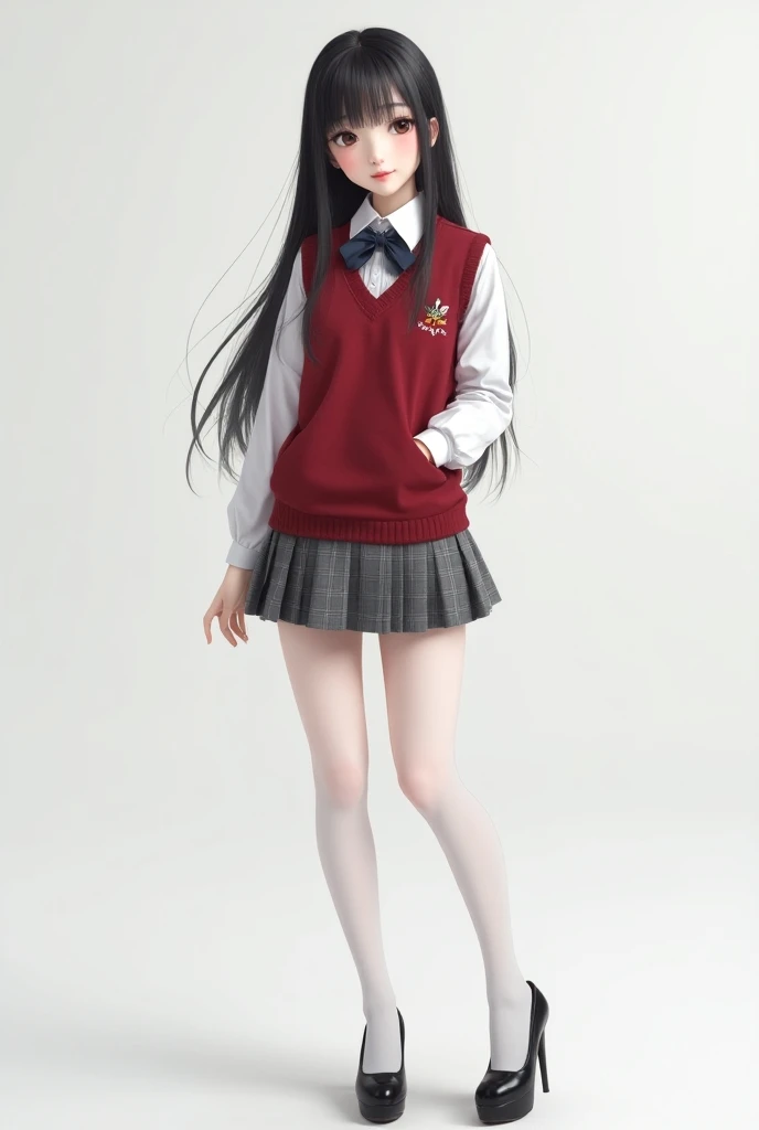 Teen girl, perfect body, white skin, large breast, black straight hair, in a school girl uniform, wearin a white shirt, red vest, gray plaid miniskirt, White pantyhose, Black High heels, posin for a picture. 