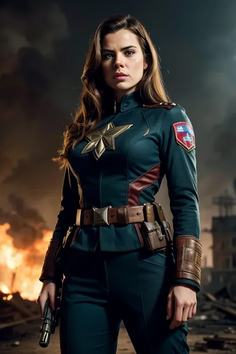 A beautiful woman with long brown hair, striking blue eyes, and a strong, confident expression, wearing a fitted captain america uniform with the Captain Carter insignia, posing heroically against a backdrop of war-torn ruins and smoke, (best quality,4k,8k...