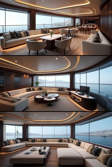 Several interior renderings of a luxury yacht 