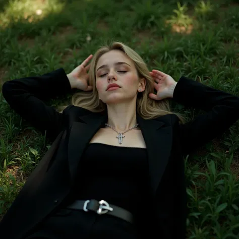 a photorealistic depiction of a slender teen lying unconscious on a grassy ground, arms stretched out, legs bent, her side-swiped, middle parted blonde hair tousled, dressed in a black blazer over a black top, black suit pants, dangling silver earrings, a ...