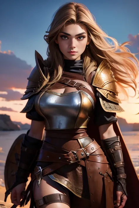 viking, (Age 18 years) Hair and brown eyes in leather armor. Your view to the front. No background. Run.