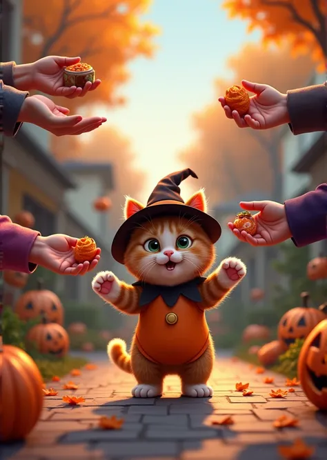 Create a picture of a Halloween cat asking for candy from his neighbors and neighbors giving kmu candy and the cat is happy