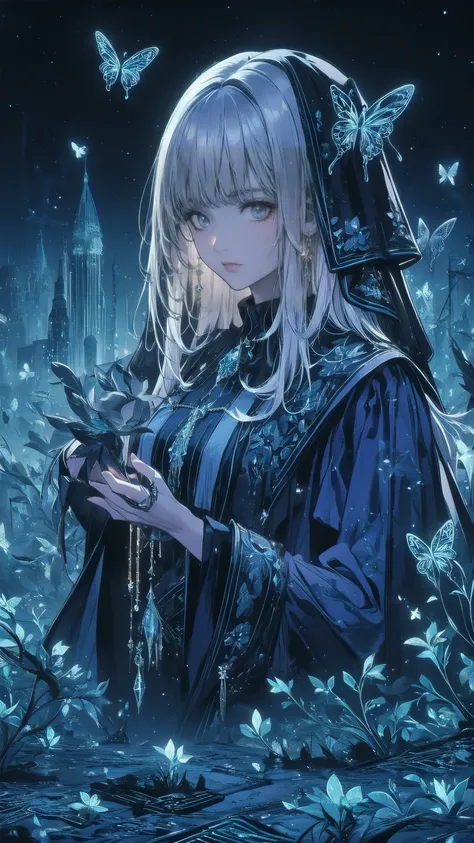 masterpiece, Best Quality, Super detailed, Vivid,  The silver-haired young woman is dark ,  ornate cloak adorned with glittering butterfly motifs .  She stands in a vibrant night scene filled with swirling galaxies , bright stars,  The background has a hig...