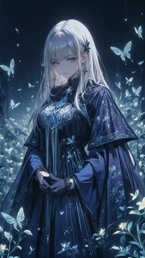 masterpiece, best quality, super detailed, vivid,  the silver-haired young woman is dark ,  ornate cloak adorned with glittering...