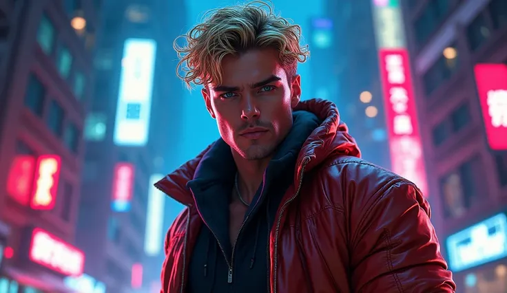 " a handsome man， with curly blond hair and a mischievous smile， and posed dynamically in various positions .  The background is a night view of a cyberpunk city , Cyberpunk style details  。