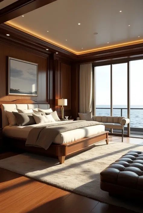 Several interior renderings of the master suite of a luxury yacht 