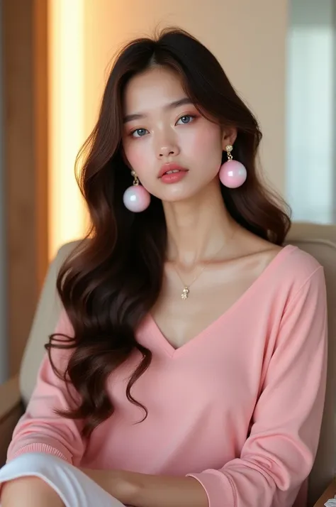 Girl ai blue eye brown hair weared American express colour baby pink and in ears oomph pink and white dome shaped earings she sited on chair at hotel at background lighted wall 