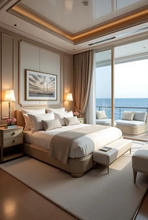 Give me several interior renderings of the same master suite in a luxury yacht. 