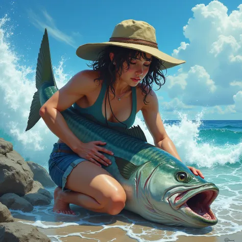 A  fisherGIRL, WITH A HAT ON HEAD, hugs huge fish and removes hook from its mouth, background with blue sky, fisherGIRL kneeling with one leg on rocks, body expression showing great effort to pull the fish in, sweating a lot and lots of waves, the fisherGI...